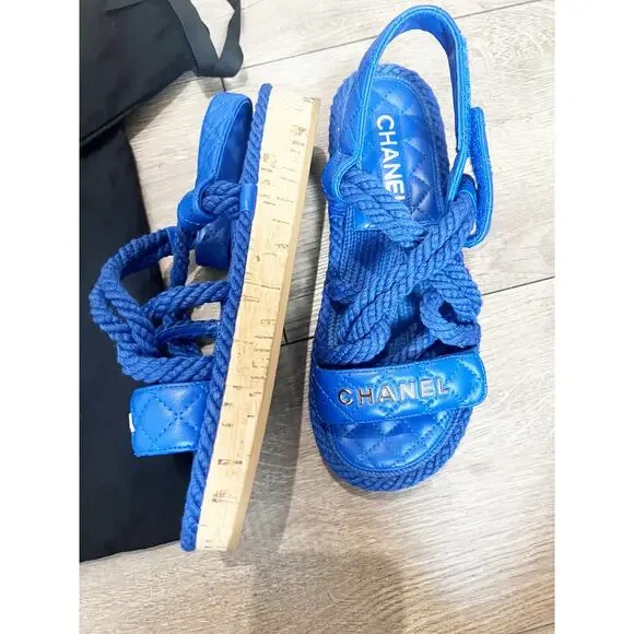 CHANEL Blue Cord Lambskin Quilted Cork PlatformLogo Sandals Size 6.5